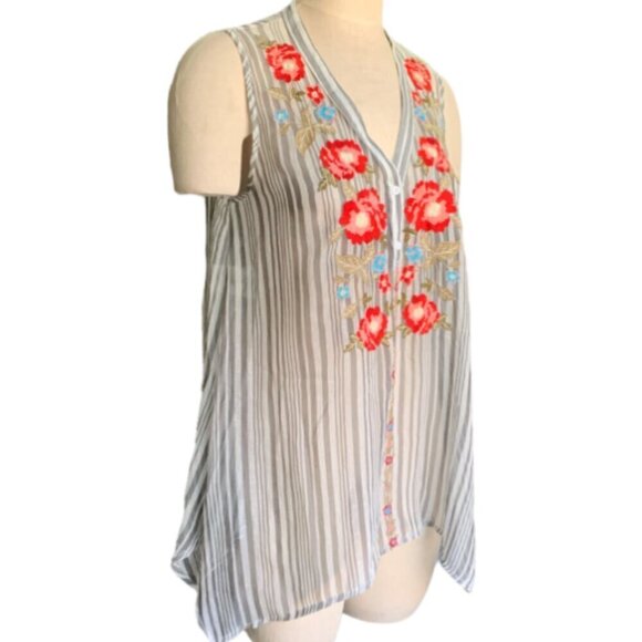 BOHO Striped Embroidered Flowers Sleeveless V-Neck Tunic Top Sz L #23E - Picture 5 of 7